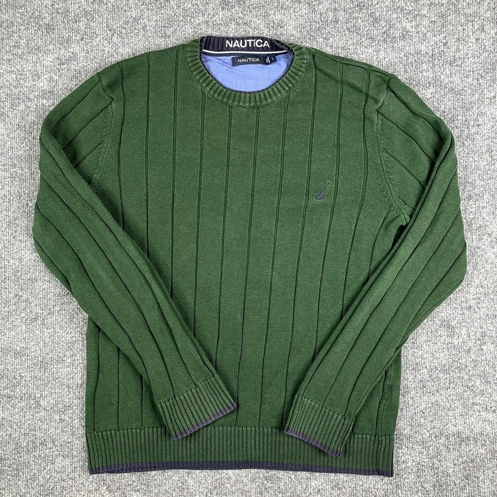 Nautica Sweater‎ Mens Large Green Ribbed Knit Crewneck Cotton Casual Preppy